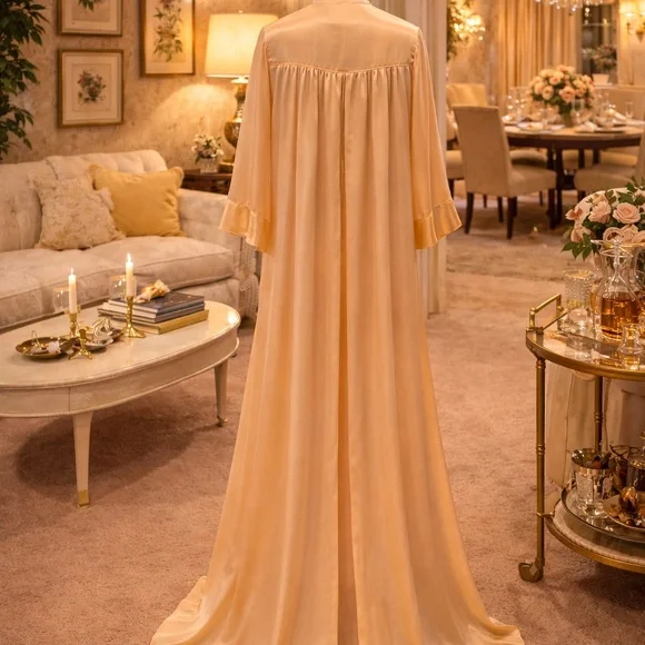 Rare Peach Buttery Soft Hostess Robe Crystal Buttons 1960s Saks 5th Ave Satin - Picture 3 of 9